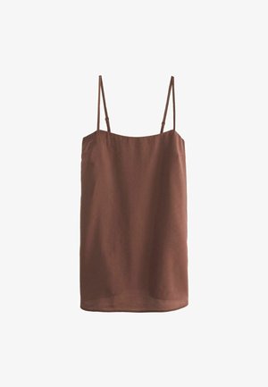 Brown camisole with thin adjustable straps, hanging straight down, featuring a simple design and a smooth, matte texture.