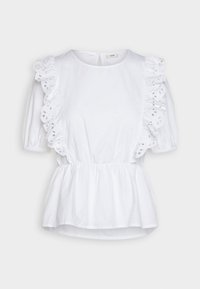 Weißes Peplum-Top mit kurzen Puffärmeln, ausgestattet mit gezackten Augenstick-Rüschen entlang der Schultern und einem strukturierten, bestickten Vorderteil.