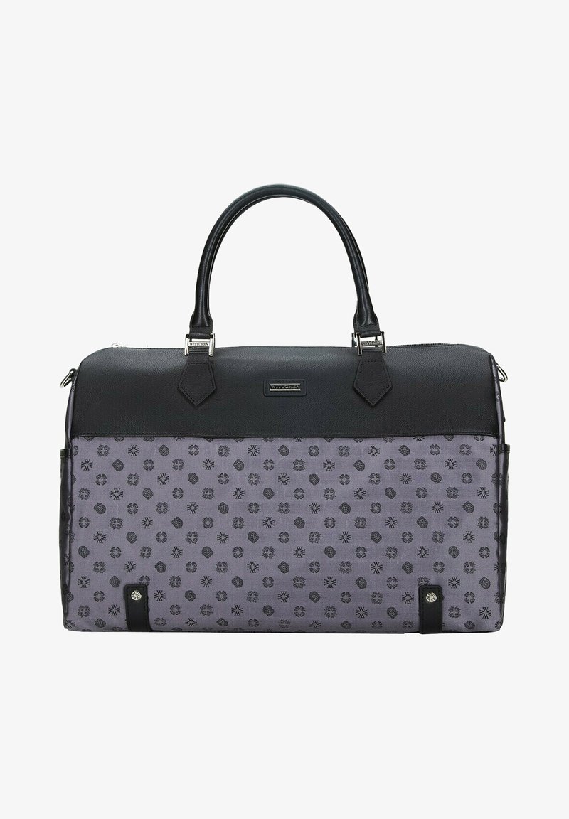 Zwarte leren handgrepen duffeltas met een paarse stoffen body, voorzien van een bloemen- en geometrisch patroon, ritssluiting en zilverkleurige hardware accenten.