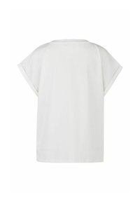 White short-sleeve top with a relaxed fit. Smooth, lightweight fabric. Rounded neckline and rolled cuffs. Simple, minimalistic design.