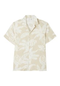 Camicia a maniche corte in tessuto beige chiaro con motivo a foglia bianca, colletto a punta e chiusura anteriore con bottoni.