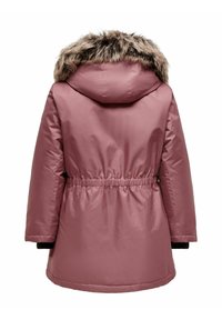 Pink thermal jacket with a faux fur hood, cinched waist, long sleeves, and a smooth texture. Accented with black inner cuffs.