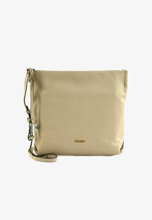 Sac à bandoulière rectangulaire en cuir beige avec une bandoulière réglable et un petit logo doré "PICARD" centré près du bas.