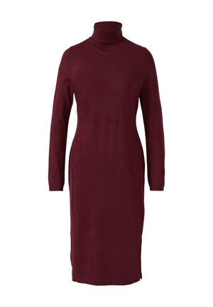 Bordeaux lange mouw gebreide coltrui jurk met een slim fit en een zijsplit, tot op de knie.