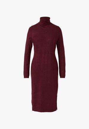 Bordeaux lange mouw gebreide coltrui jurk met een slim fit en een zijsplit, tot op de knie.