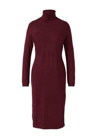 Bordeauxfarbiges langärmeliges Strick-Kleid mit Rollkragen, slim fit und seitlichem Schlitz, knielang.