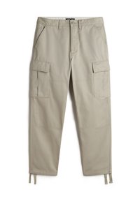 Beige cargo pants with a straight leg design, featuring multiple pockets and side ties at the hem for adjustment. Made from durable fabric.