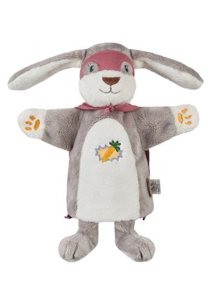 Gray and white plush bunny puppet wearing a red cape and eye mask, with an embroidered carrot on its belly and paw prints on its hands.