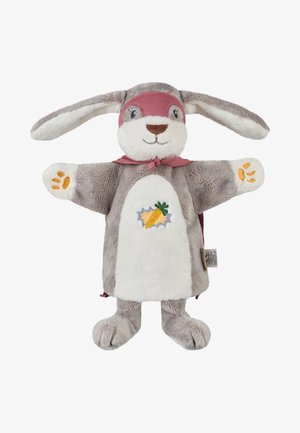 Gray and white plush bunny puppet wearing a red cape and eye mask, with an embroidered carrot on its belly and paw prints on its hands.