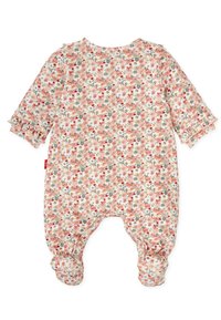 Romper floral para bebé en suave algodón, con un fondo rosa y estampado de flores multicolores, mangas largas y puños con volantes.
