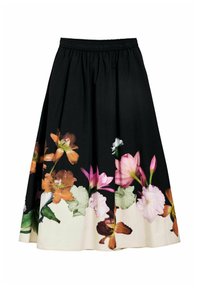 Zwarte rok met een bloemenprint in levendige kleuren aan de zoom. Elastische tailleband en een vloeiende A-lijn ontwerp met een zachte textuur.