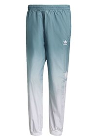Adidas träningbyxor med resår i midjan, gradientfärgad design som går från teal till vitt, med sidofickor och logotypdetaljer.
