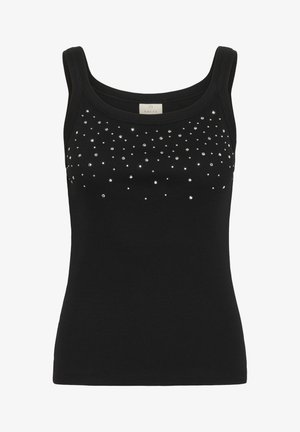 Black tank top made of ribbed material featuring a round neckline and embellished with scattered rhinestones across the bust.