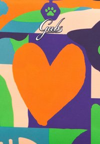 Design di tessuto colorato con una forma a cuore arancione su uno sfondo multicolore di blu, verde, viola e beige con il logo Gabs.