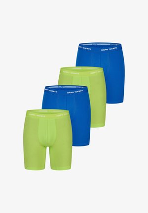 Čtyři páry bavlněných boxerek v modré a neonově zelené barvě, které mají elastické pasy s nápisem "HAPPY SHORTS" vytištěným bílou barvou.