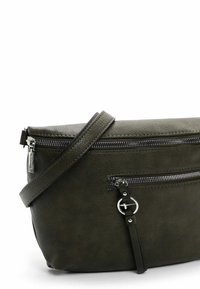 Green leather crossbody bag with a zippered main compartment, front zipper pocket, and a circular hardware accent on the strap.
