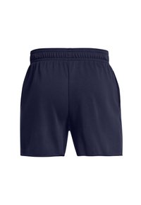 Marinblåa träningsshorts med elastisk midja, designade med en slät textur och två sidfickor. Enkel och funktionell design.