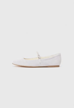 Suede ballet flats in light gray with a pointed toe, adjustable strap, and a flat sole. Smooth texture with minimal detailing.