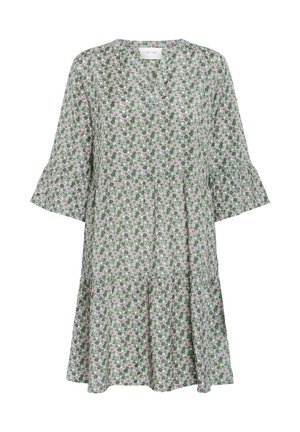 Floral dress in green with pink accents; features a V-neck, short flared sleeves, and a tiered skirt design. Lightweight fabric.