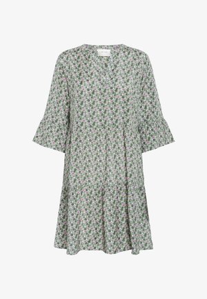 Floral dress in green with pink accents; features a V-neck, short flared sleeves, and a tiered skirt design. Lightweight fabric.