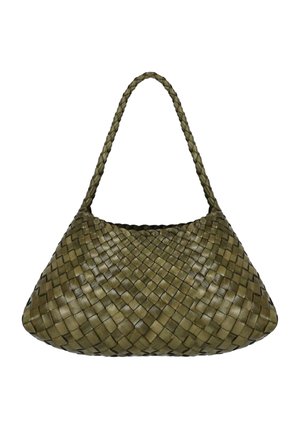 Borsa a mano in pelle intrecciata verde oliva con tracolla singola intrecciata e forma rettangolare morbida e arrotondata.