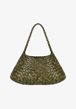 Borsa a mano in pelle intrecciata verde oliva con tracolla singola intrecciata e forma rettangolare morbida e arrotondata.