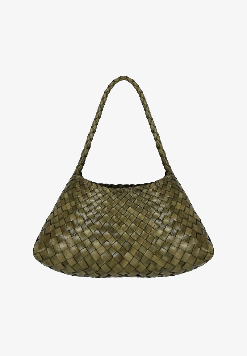 Sac à main en cuir tissé vert olive avec une bandoulière simple tressée et une forme rectangulaire douce et arrondie.