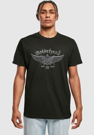 Black cotton t-shirt featuring a gray Motorhead logo with wings graphic. Short sleeves, crew neck, and relaxed fit.