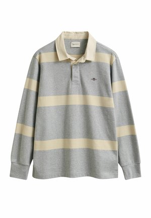 Grijze rugbyshirt met lange mouwen en brede beige horizontale strepen, beige kraag, knoopsluiting en klein geborduurd logo op de borst.