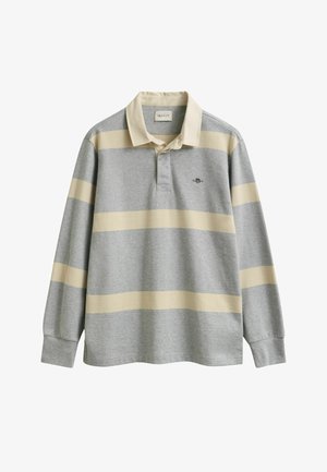 Long-sleeve grey rugby shirt with wide beige horizontal stripes, beige collar, button placket, and small embroidered logo on chest.