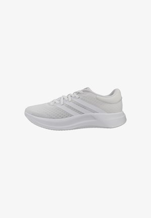Zapatilla de running ligera totalmente blanca con tela de malla, suela acolchada, cordones y tres sutiles rayas laterales.