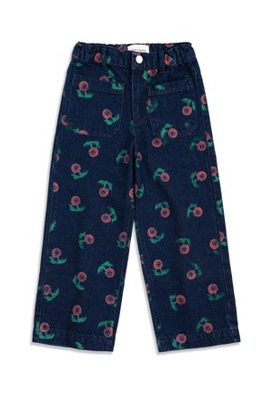 Pantaloni per bambini blu scuro con motivo floreale rosa e verde, vita elasticizzata, due tasche frontali e chiusura con bottone bianco.