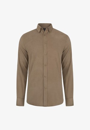 Koszula z długim rękawem w jasnobrązowym kolorze, wykonana z teksturowanej tkaniny, z kołnierzykiem zapinanym na guziki i sześcioma guzikami z przodu. Regularny krój.
