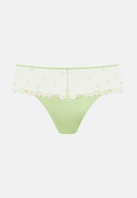 Tanga verde chiaro con ricami floreali in vita. Tessuto liscio con un bordo in pizzo e piccoli motivi floreali in colori pastello.