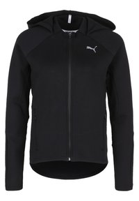 Black zip-up hoodie featuring a fitted design, hood, side pockets, and textured fabric accents on the shoulders and sleeves.