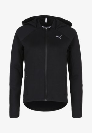Black zip-up hoodie featuring a fitted design, hood, side pockets, and textured fabric accents on the shoulders and sleeves.