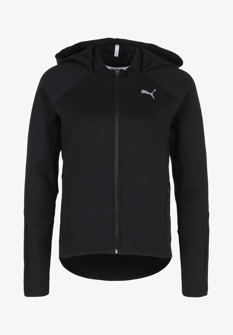 Black zip-up hoodie featuring a fitted design, hood, side pockets, and textured fabric accents on the shoulders and sleeves.
