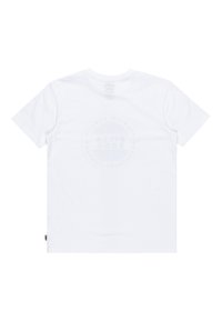 Vit bomulls-t-shirt med rund hals och korta ärmar. På baksidan finns en blekt cirkulär logotyp i mitten.