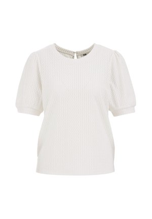 Chemisier blanc à manches bouffantes avec un motif texturé et ondulé. Il présente un col rond et un détail en forme de clé à l'arrière. Fabriqué en matériau léger.