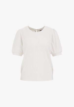 Camicia bianca con maniche a palloncino e un motivo ondulato testurizzato. Presenta un colletto rotondo e un'apertura a chiave sul retro. Realizzata in materiale leggero.