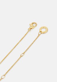 Χρυσή αλυσίδα επιχρυσωμένη με οβάλ κρίκους και κούμπωμα καβουριού; διαθέτει κυκλικό με charm με ανάγλυφη λεπτομέρεια επωνυμίας.