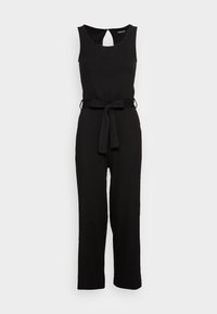 Monosuje de canalé negro con un diseño sin mangas, que presenta un escote en forma de llave en la espalda, cintura ceñida con cinturón y pantalones de pierna ancha. Textura suave en todo.