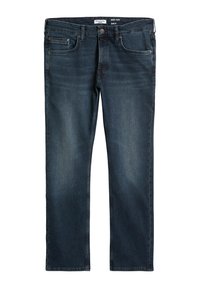 Jean slim en denim bleu foncé, avec cinq poches, passants de ceinture et un léger effet délavé sur le devant. Texture lisse sur toute la surface.