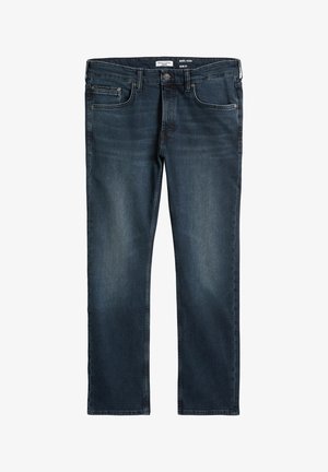 Jean slim en denim bleu foncé, avec cinq poches, passants de ceinture et un léger effet délavé sur le devant. Texture lisse sur toute la surface.