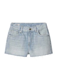 Svetlo modri jeans kratke hlače z raztrganim robom, petimi žepi in kovinskim zapiranjem na gumb. Gladka tekstura in sproščen kroj.