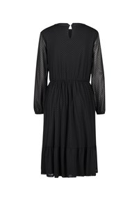 Schwarzes Kleid mit langen, durchsichtigen Ärmeln; gepunktete Textur; leicht ausgestellter Rock; verfügt über eine Schlüsselaugenöffnung auf der Rückseite; elastischer Taillenbund.