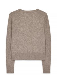 Pull en tricot beige à manches longues avec poignets et ourlet côtelés, encolure ras-du-cou et tissu doux texturé.