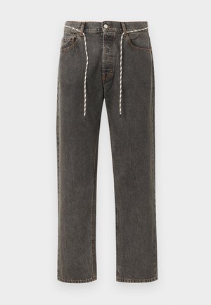 Straight-leg dark gray denim jeans with front pockets, button closure, and drawstring hanging from the waistband.