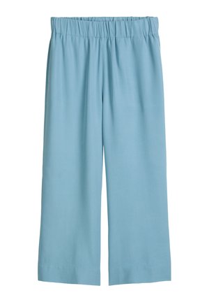 Hellblaue Hosen mit weitem Bein, elastischem Bund, knöchellang, glatter Stoff, keine sichtbaren Taschen oder Muster.