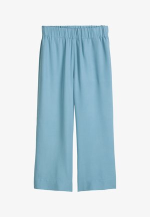 Hellblaue Hosen mit weitem Bein, elastischem Bund, knöchellang, glatter Stoff, keine sichtbaren Taschen oder Muster.